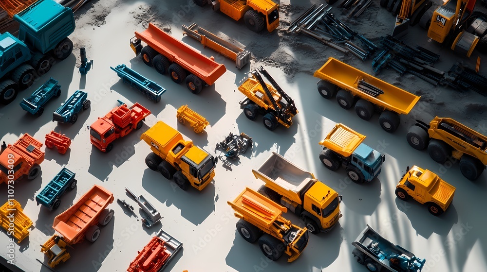 A Colorful Arrangement of Toy Construction Vehicles on a Light Surface, Including Trucks, Cranes, and Miscellaneous Equipment for Play and Learning A Colorful Arrangement of Toy Construction Vehicles on a Light Surface, Including Trucks, Cranes, and Miscellaneous Equipment for Play and Learning