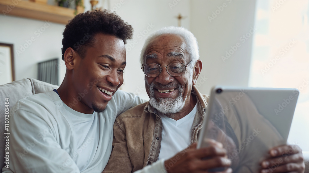 Obraz premium Elderly man use tablet with help of his grandson.