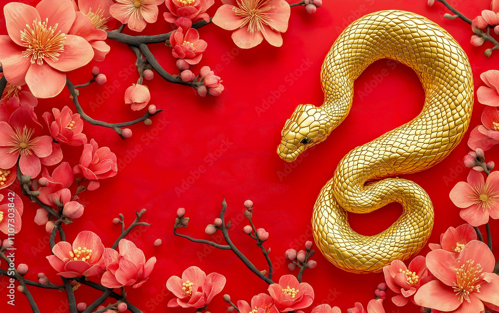 Obraz premium Happy Chinese New Year 2025. Golden Chinese snake with flowers and lanterns over vibrant red background for card design. China zodiac lunar calendar animal. Year of the snake.