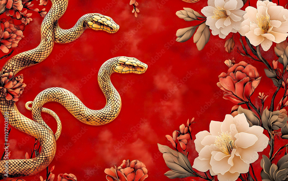 Obraz premium Happy Chinese New Year 2025. Golden Chinese snake with flowers and lanterns over vibrant red background for card design. China zodiac lunar calendar animal. Year of the snake.
