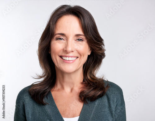 portrait cheerful young happy woman middle aged 50 years brunette smiling on white background