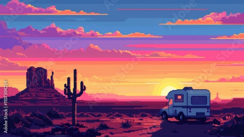 Fototapeta Naklejka Na Ścianę i Meble -  Pixel Sunset Desert Escape: A retro pixel art landscape depicting a camper van parked amidst a vibrant desert sunset, with a majestic rock formation and saguaro cactus in the foreground.