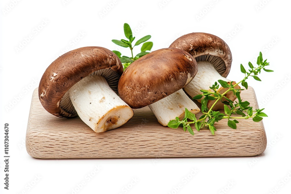 Freshly Harvested Mushrooms on a Wooden Serving Board Surrounded by Green Herbs for Culinary Arts Freshly Harvested Mushrooms on a Wooden Serving Board Surrounded by Green Herbs for Culinary Arts