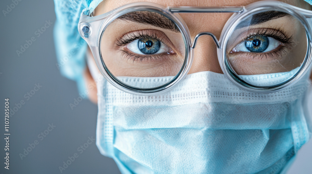 Surgery eyelid rejuvenation concept. Close-up of a person in medical attire, featuring glasses and a mask, with striking blue eyes Surgery eyelid rejuvenation concept. Close-up of a person in medical attire, featuring glasses and a mask, with striking blue eyes