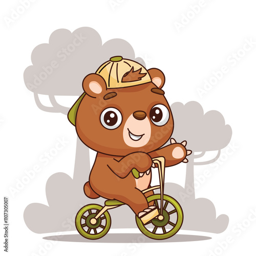An adorable cartoon bear is having so much fun riding a small bike while joyfully weaving through the trees