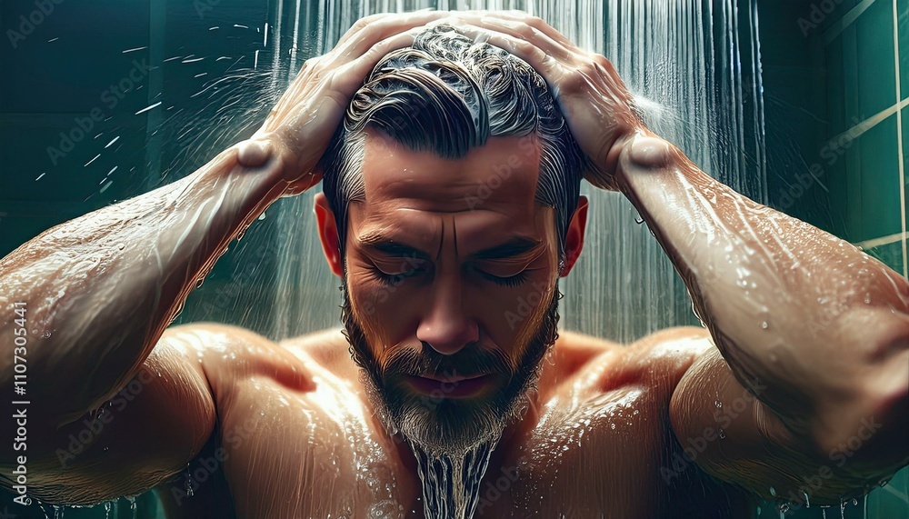 Mid adult man washing his hair under shower in bathroom.