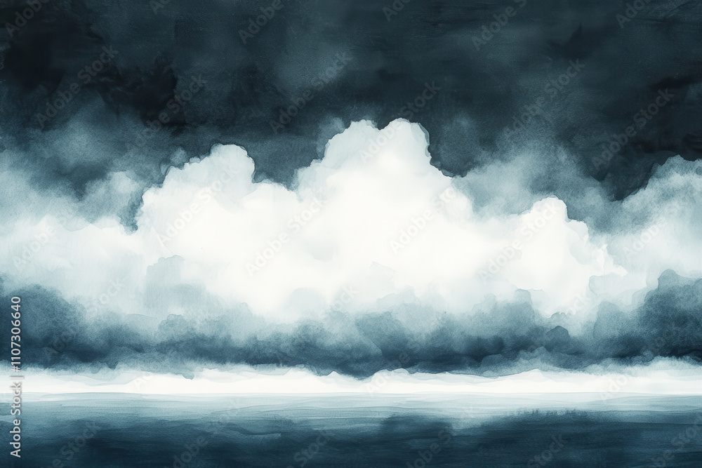 Fototapeta premium dramatic monochrome watercolor painting depicts stormy sky with dark clouds over calm sea, creating sense of tranquility and tension