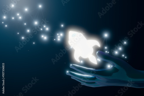 A glowing rocket is released from a hand, surrounded by sparkling lights. 3d rendering