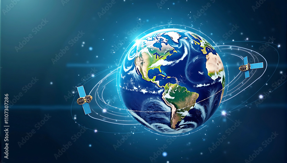 Fototapeta premium A digital Earth surrounded by satellites and data streams, symbolizing global communication and connectivity