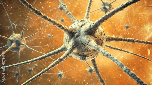 Detailed close-up view of interconnected neurons, with intricate branching extensions, in a neural network. photo