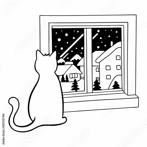 cat-looking-at-winter-city-black-and-white-background photo