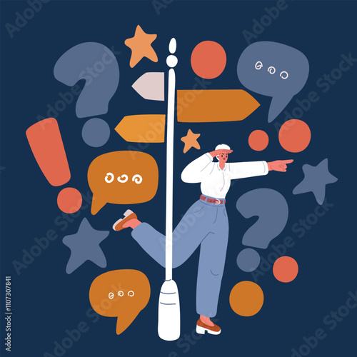Cartoon vector illustration of a woman showing direction near a signpost with arrows, symbolizing guidance and decision-making