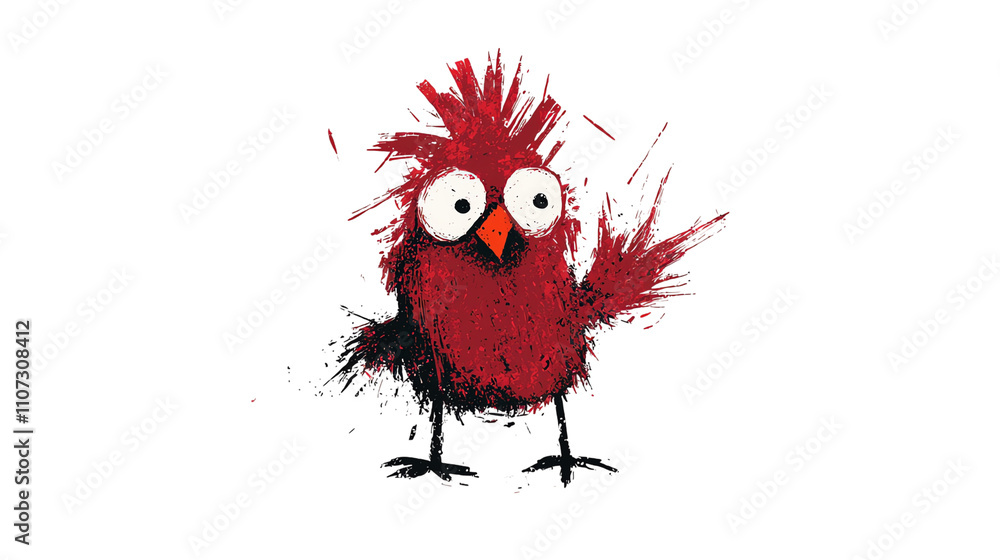 Fototapeta premium Colorful cartoon red bird with exaggerated eyes against a transparent background, showcasing playful and vibrant design.