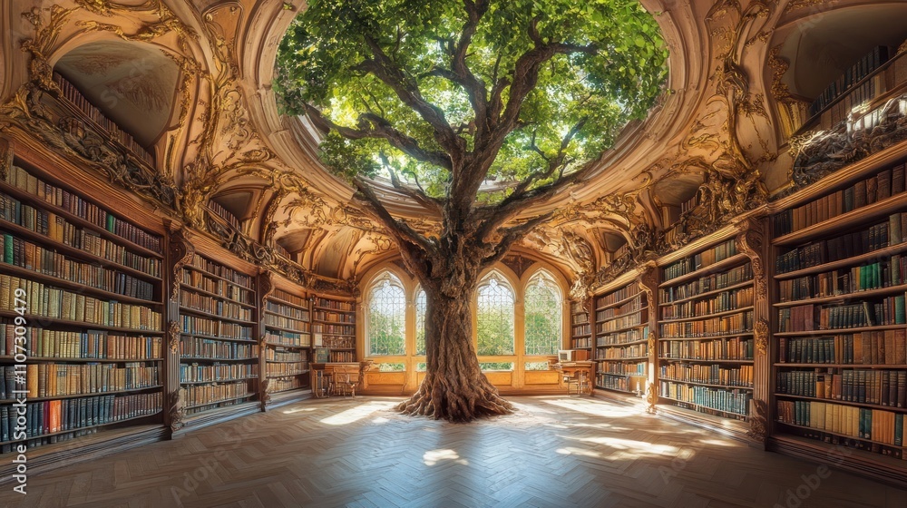Obraz premium Majestic tree growing inside a grand library, sunlight streaming through arched windows.