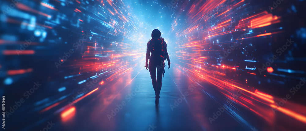 Astronaut Walking Through Futuristic Neon Corridor, Digital Art Astronaut Walking Through Futuristic Neon Corridor, Digital Art