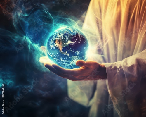 The world in divine hands, Jesus holding a glowing Earth, surrounded by abstract beams of light, symbolizing peace and hope