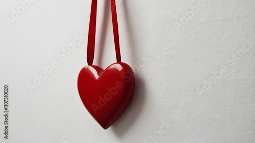 Love red 3d heart hangs on isolated white wall, happy valentines day romantic special decoration for bonding relationship connection crush lover anniversary photo