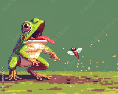 Frog's Delight: A pixel art style depicts a frog, with its tongue outstretched, attempting to capture a hovering insect against a backdrop of a serene meadow. photo