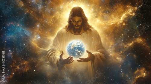 Divine love Jesus cosmic art, his radiant figure amidst a celestial landscape, the Earth glowing softly in his protective hands