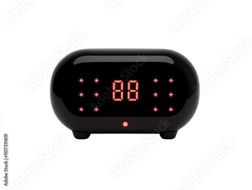 Modern digital clock with red LED display shows time, isolated on transparent background, sleek black design. photo