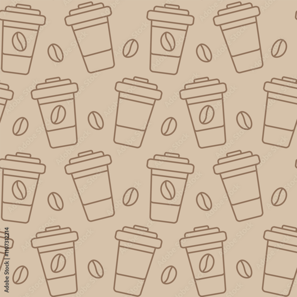 Disposable cups with lid and coffee beans Seamless Pattern in monochrome brown. Coffee drink fond
