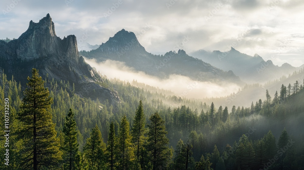 Misty mountain range with evergreen forest at sunrise. Misty mountain range with evergreen forest at sunrise.