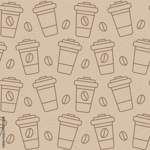 Disposable cups with lid and coffee beans Seamless Pattern in monochrome brown. Coffee drink fond