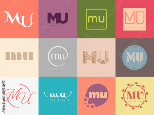 MU logo company template. Letter m and u logotype. Set different classic serif lettering and modern bold text with design elements. Initial font typography.