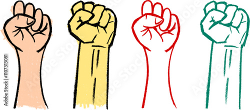 Protest Fist Crayon Chalk Drawing Vector Set
