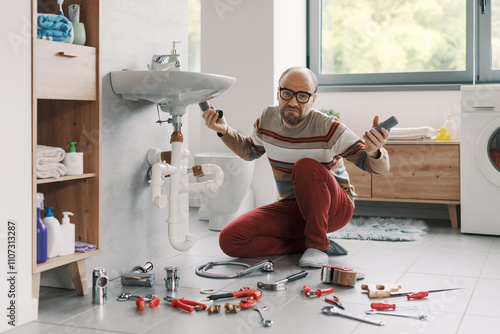 Confused man unable to fix his bathroom sink