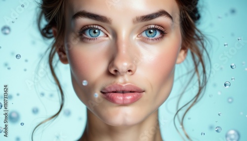 A striking close-up portrait of a young woman with bright blue eyes and flawless skin, surrounded by aqua droplets on a light blue background, creating a fresh and serene atmosphere.

 photo