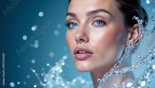 A stunning portrait of a woman with water splashing around her, highlighting her beauty. The blue light enhances the ethereal and fresh atmosphere, creating a captivating and serene image.

