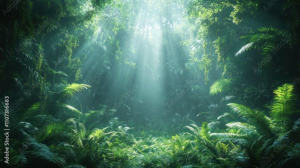 Sunbeams pierce dense jungle foliage, creating a mystical, atmospheric scene. Sunbeams pierce dense jungle foliage, creating a mystical, atmospheric scene.