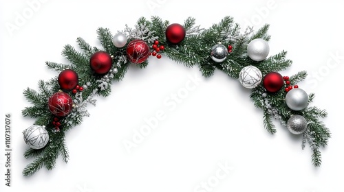 A wide archshaped Christmas border made of fresh fir branches adorned with red and silver ornaments isolated on a white background photo