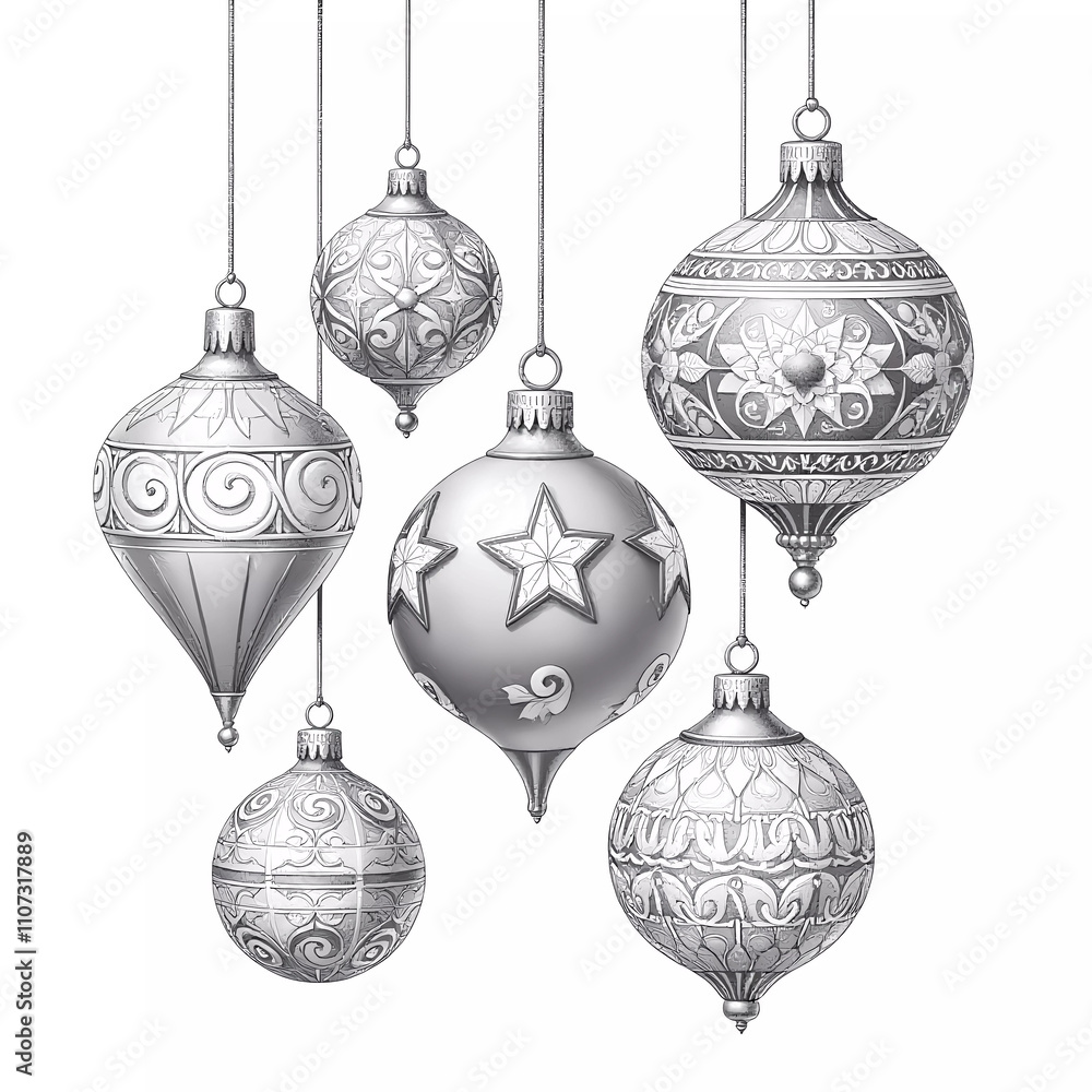 Intricate Pencil Sketch of Polished Metal Ornaments.. A Timeless Holiday Design Intricate Pencil Sketch of Polished Metal Ornaments.. A Timeless Holiday Design