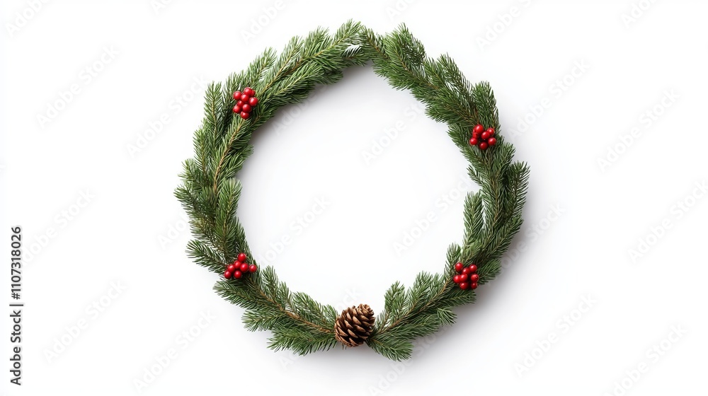 Festive Christmas wreath made of evergreen branches pinecones and bright red artificial berries isolated on a clean white background with copy space Festive Christmas wreath made of evergreen branches pinecones and bright red artificial berries isolated on a clean white background with copy space