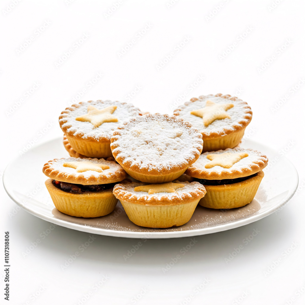 A stack of festive mince pies dusted with powdered sugar on a white plate A stack of festive mince pies dusted with powdered sugar on a white plate