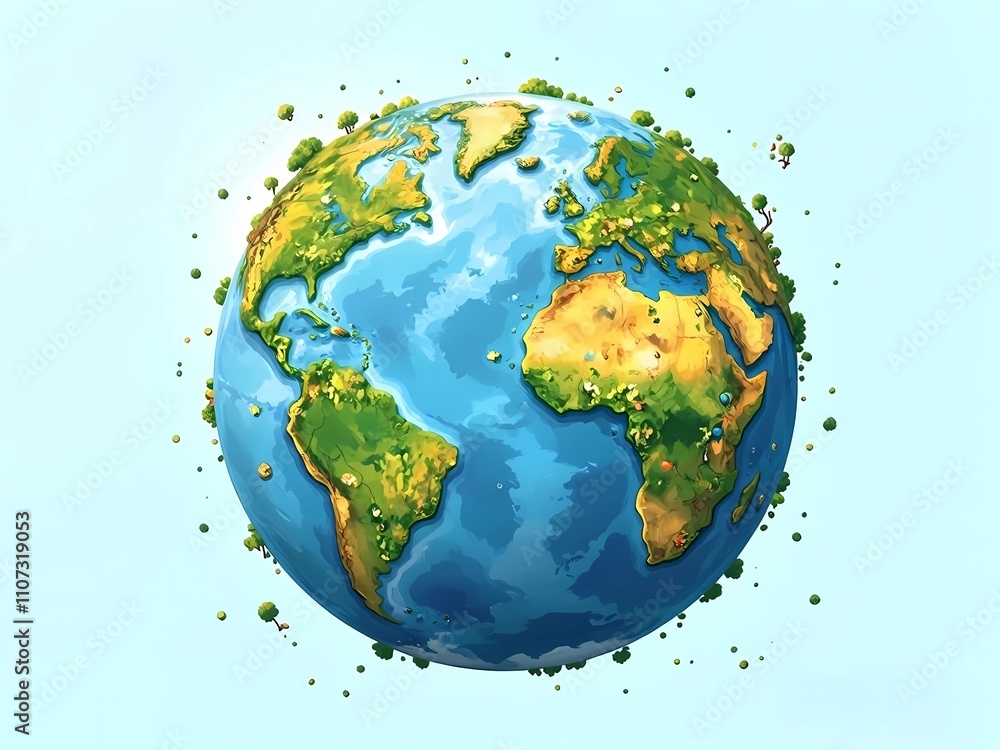 Fototapeta premium Cartoon planet Earth with trees. Ecological illustration on a blue background. 