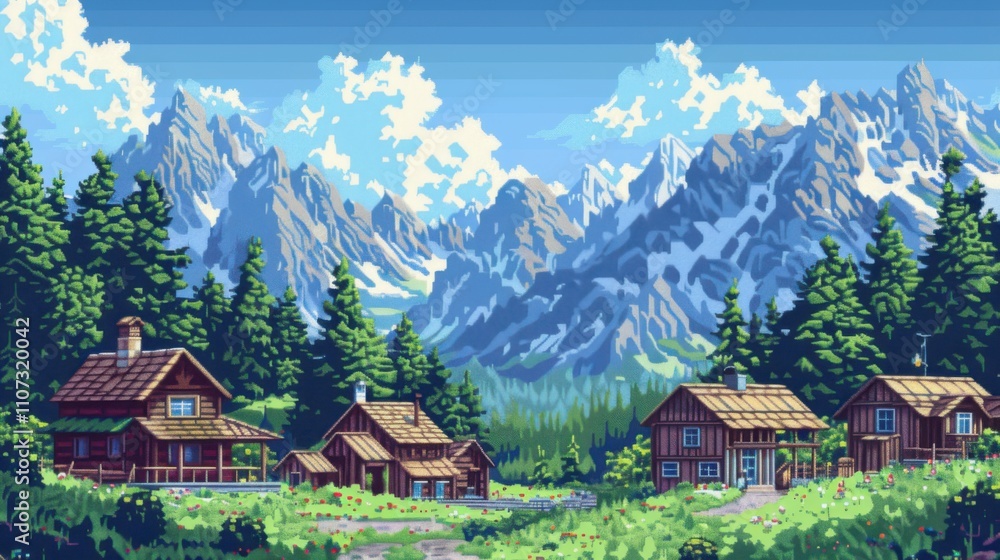 Fototapeta premium Alpine Village Serenity: Picturesque village nestled amidst towering snow-capped mountains under a vibrant blue sky. Charming wooden houses dot the landscape.