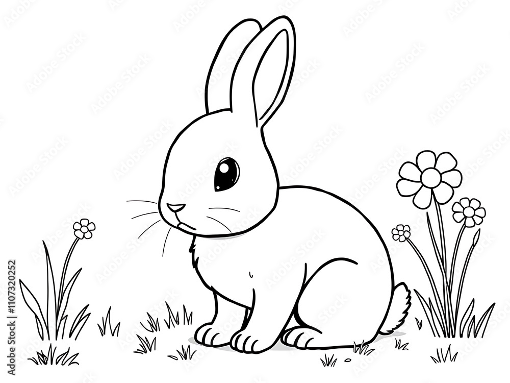 Fototapeta premium Adorable Hand-Drawn Bunny in Spring Meadow Coloring Page. AI Generated