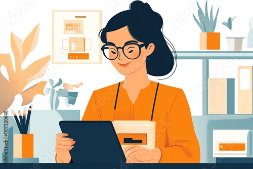 Young woman in orange outfit using tablet while working in a cozy workspace surrounded by plants and stationery. Generative AI