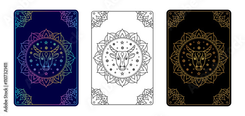 Tarot card with Taurus zodiac sign. Simple line art style.