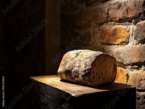 Artisan Bread Display with Rustic Brick Wall and Warm Lighting
