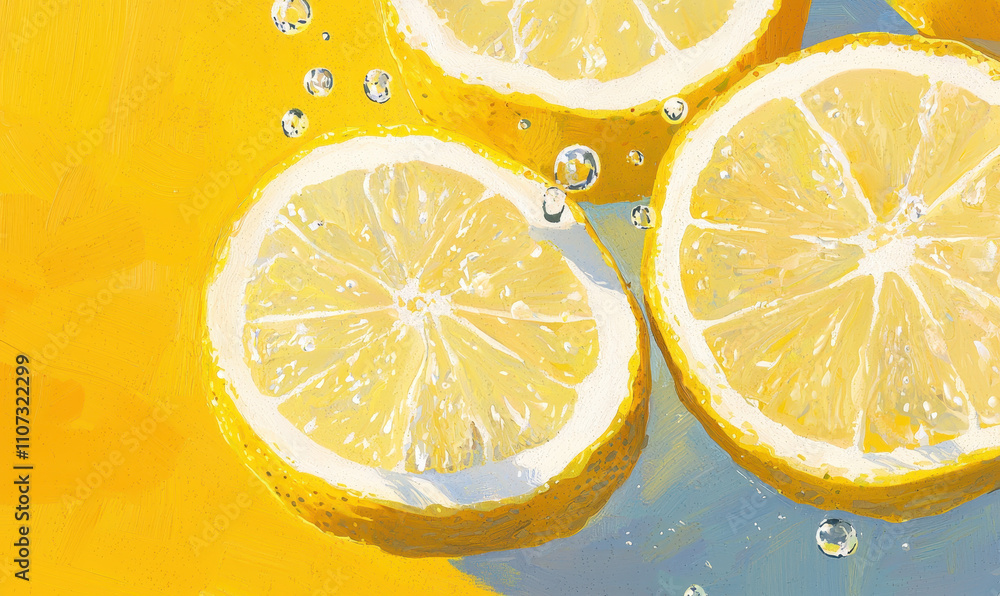 Vibrant Citrus Illustration Captures Juicy Lemon Slices in Refreshing Blue Water with Bubbling Effervescence Vibrant Citrus Illustration Captures Juicy Lemon Slices in Refreshing Blue Water with Bubbling Effervescence