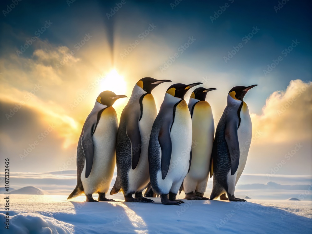 Fototapeta premium Majestic Emperor Penguins in Silhouette Against a Snowy Landscape: A Stunning Winter Scene Captured in Black and White for Wildlife and Nature Lovers