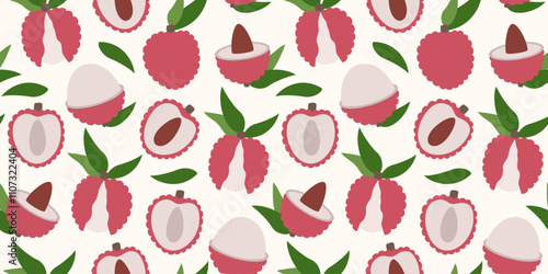 Fruit seamless pattern with lychee and leaves. Vector tropical illustration. Abstract summer background.