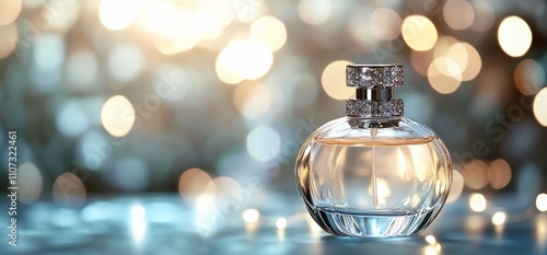 A stylish perfume bottle with a sparkling background.