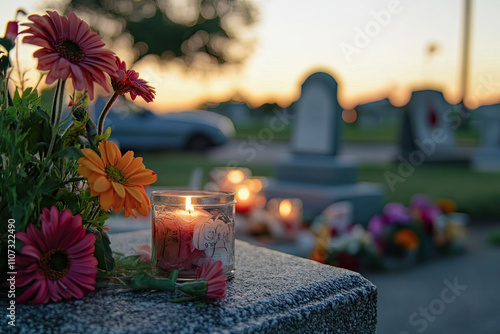 Headstones in a cemetery with flowers and memorial candles photo