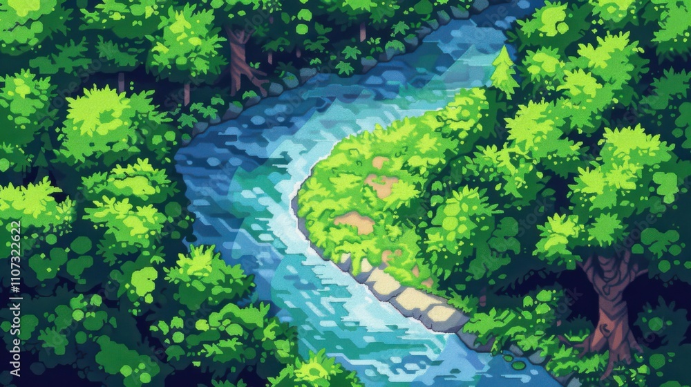 Fototapeta premium Tranquil River Flowing Through Lush Forest: An aerial view of a winding river carving its way through a dense forest, vibrant with shades of green and creating a sense of peace.