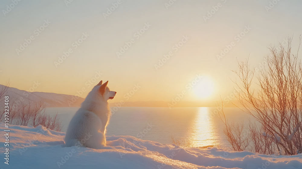 Siberian husky sits peacefully in snow, watching sunset over ocean